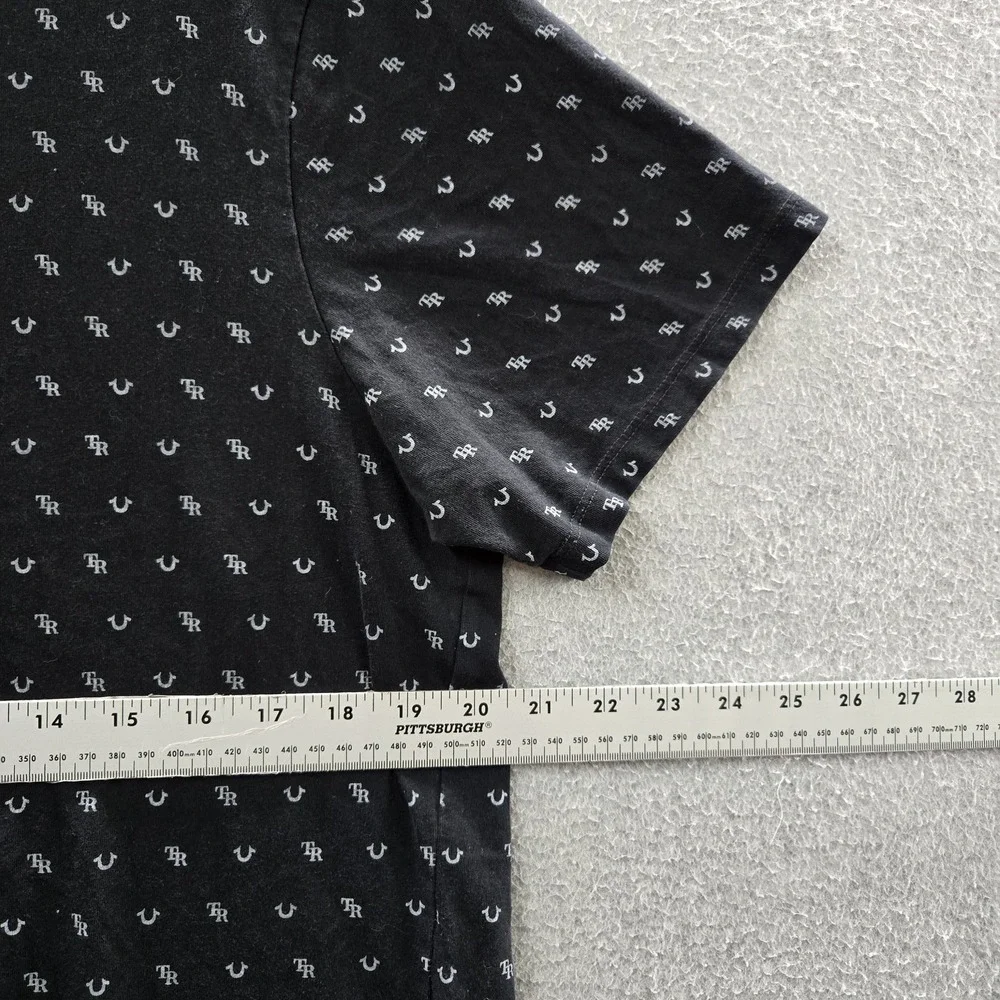 True Religion Men Shirt L Black Graphic All Over Monogram‎ Logo Short Sleeve